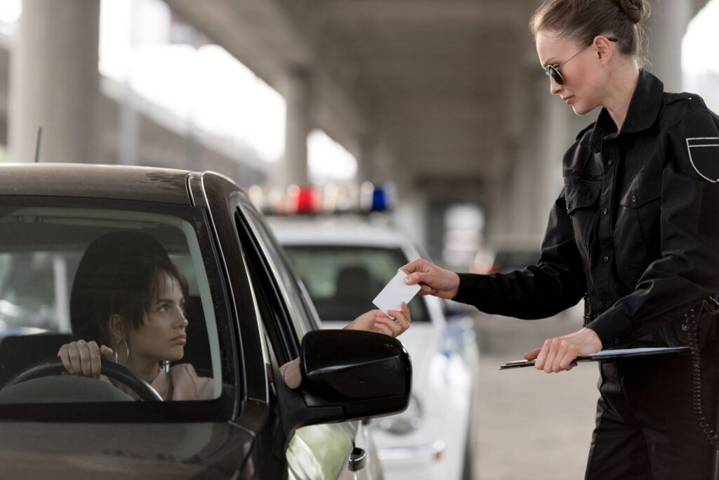 Police officer taking driver's license from woman at traffic stop